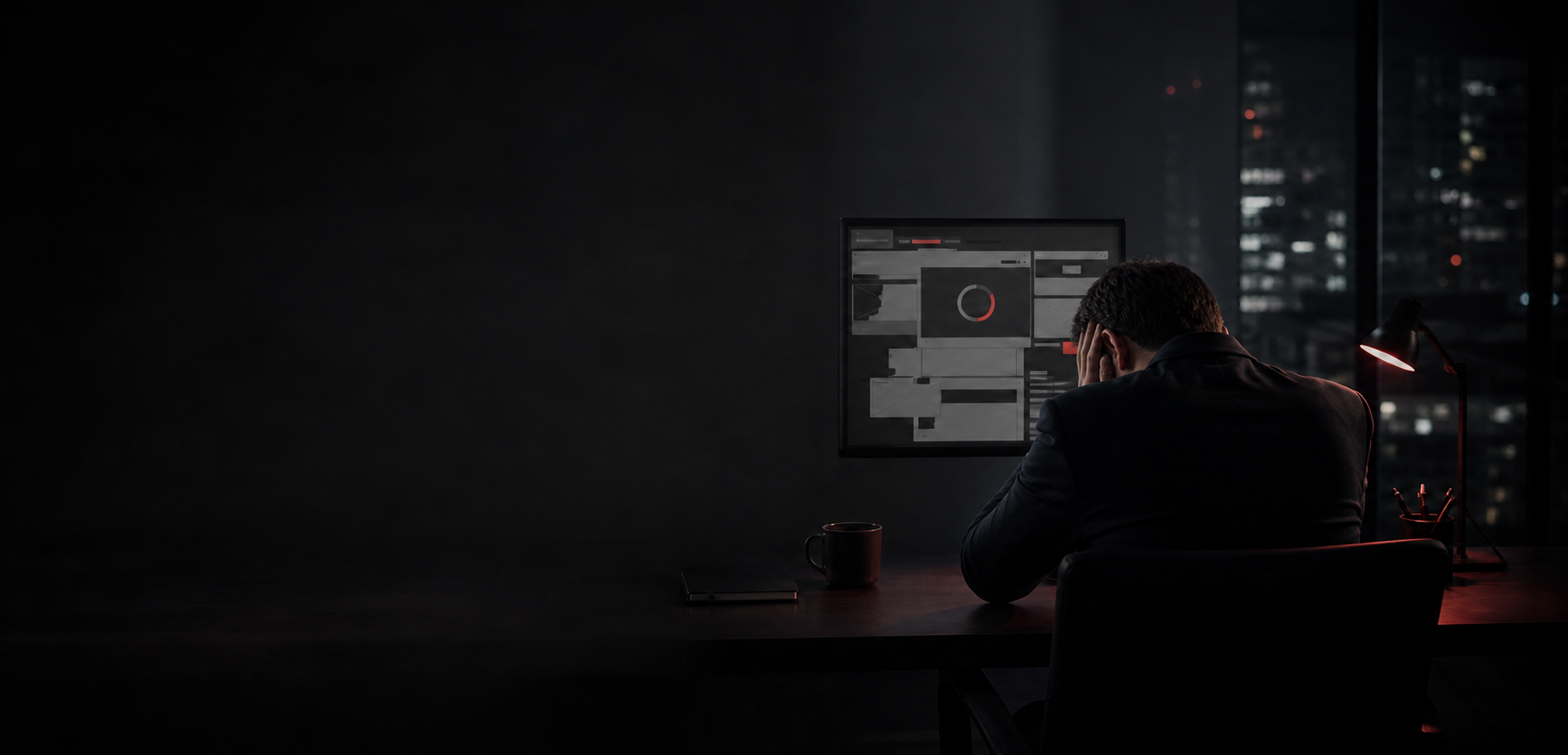 Verzweifelte Person vor einer unübersichtlichen Website